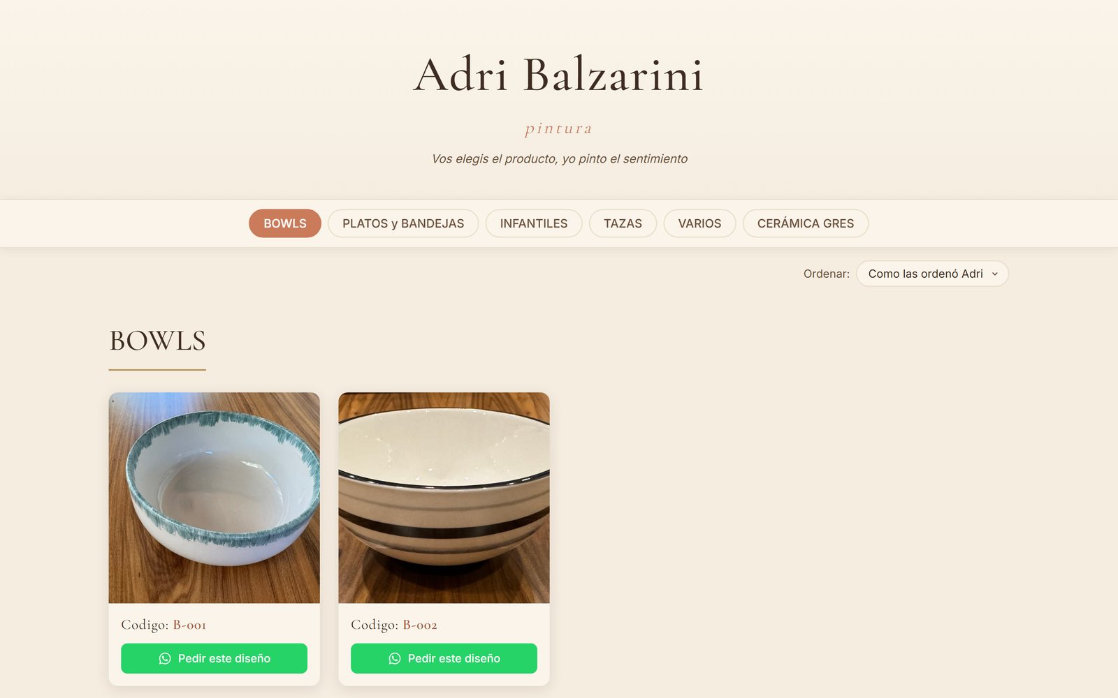 Página web de Adriana Balzarini: portada con su obra y los datos de contacto.